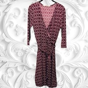 41 Hawthorn Purple White Geometric Design Faux Wrap Midi/Knee Length Dress